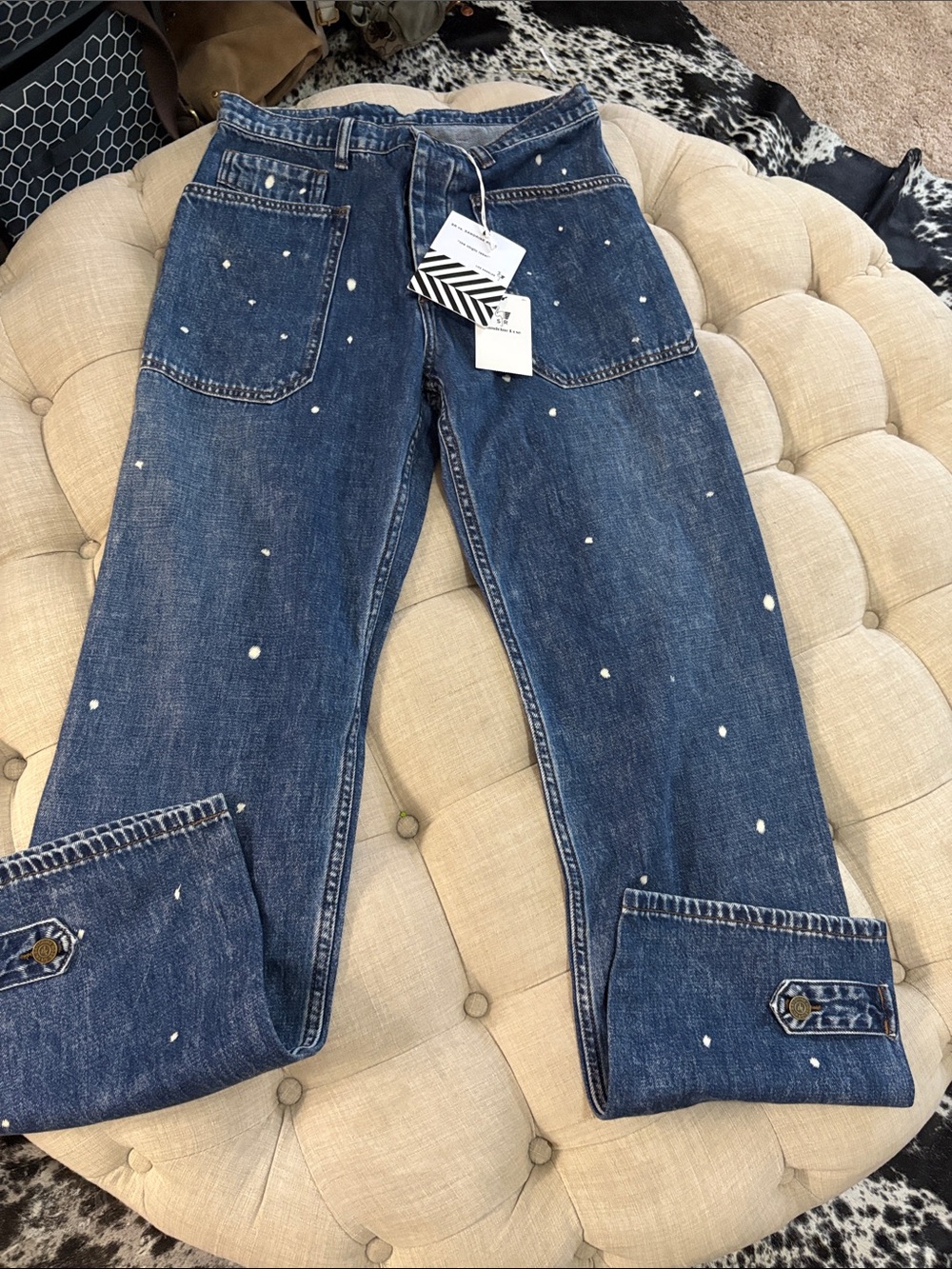 Sandrine Rose Free People Jeans in Medium Blue with White Paint-Dot Detail